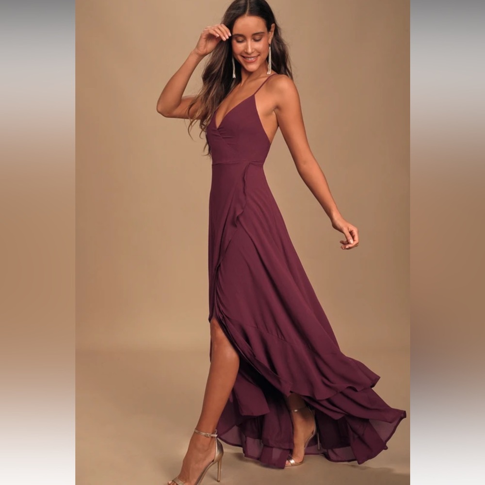 NWT Lulu’s In Love Forever Plum Lace-Up High-Low Maxi Dress, Small